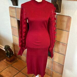 Almost Famous Red Organza Sleeve Ribbed Knit Body-Con Midi Dress, L!